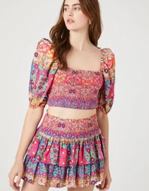 Forever 21 Ornate Floral Print Mini Skirt Cayenne/Multi