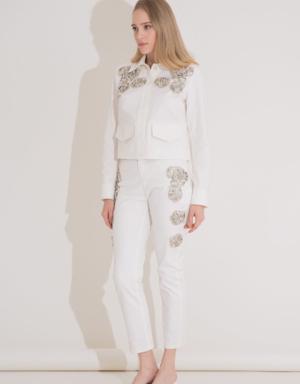 Embroidered Detailed Piping White Jean Trousers