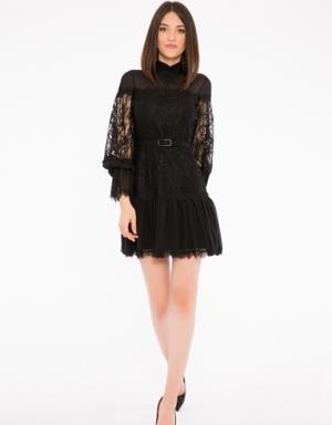 Ruffle Detailed Standing Neck Mini Length Lace Black Party Dress
