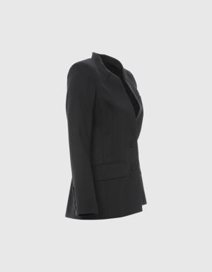 Black Blazer Classic Jacket with Stitched Collar Detail