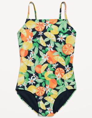 Printed Square-Neck Lattice-Back One-Piece Swimsuit for Girls multi
