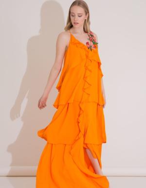 Embroidery And Flounce Detail Orange Long Dress