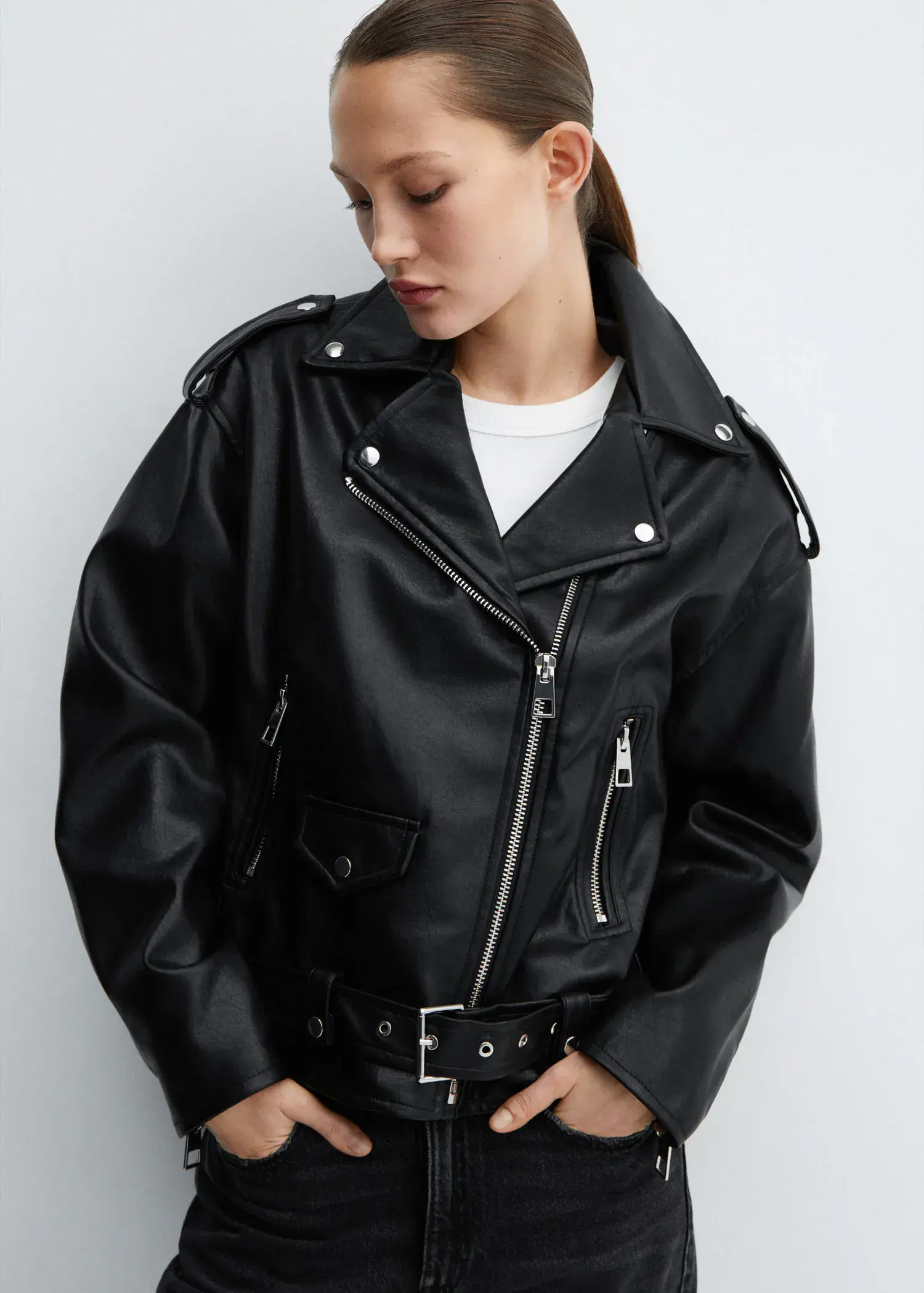 Mango Leather-effect biker jacket. 1