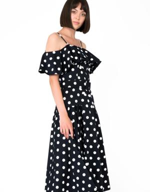 Polka Dot Patterned Strapless Dark Navy Midi Dress