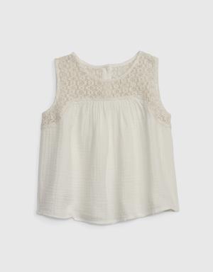 Kids Crinkle Gauze Crochet Top white