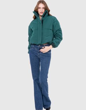 Embroidered Back Short Inflatable Green Coat