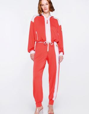 Coral Color Tracksuit With Metal Zipper Pockets With Star Plex Detail