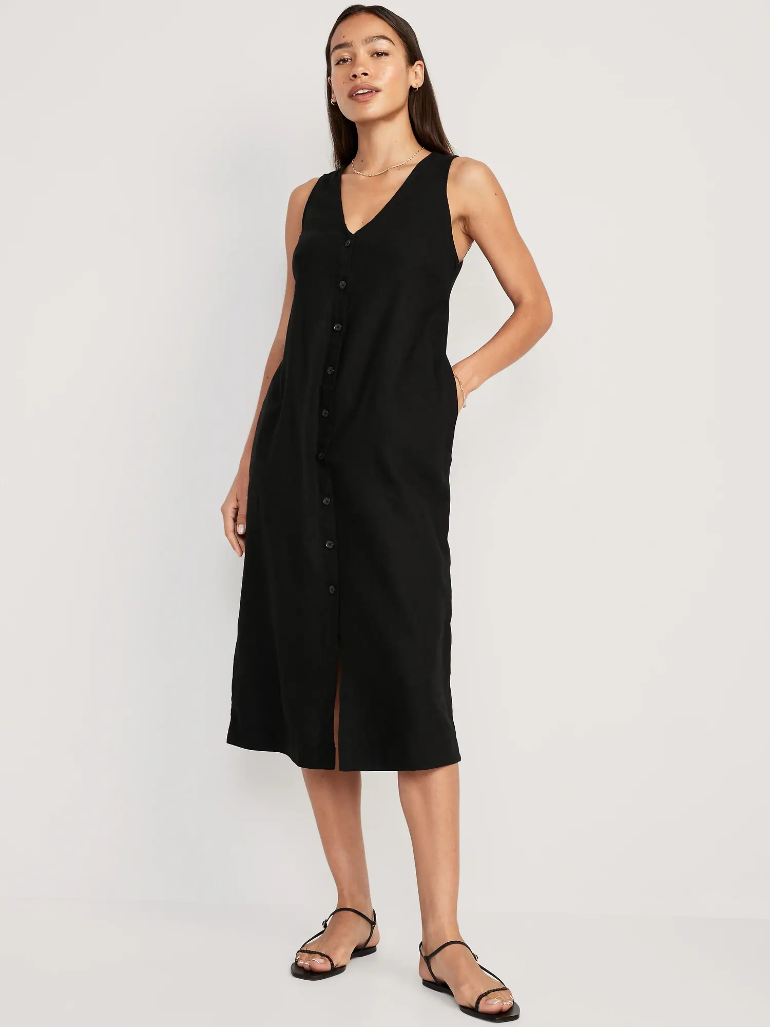 Old Navy Sleeveless Button-Front Linen-Blend Maxi Shift Dress for Women black. 1