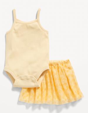 Sleeveless Rib-Knit Bodysuit & Printed Tulle Tutu Skirt Set for Baby yellow
