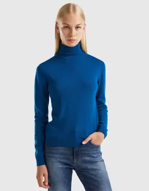 blue turtleneck in pure merino wool