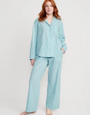 Oversized Printed Poplin Pajama Set for Women blue