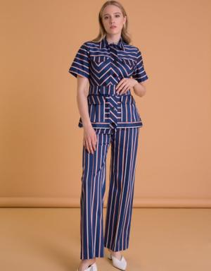 Line Patterned High Waist Navy Blue Trousers